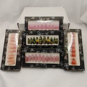 Press On Nails Bundle 5 Sets 24 Pc Each Pink French Floral Peacock Almond Glossy